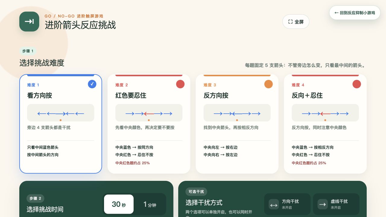 进阶箭头反应挑战的难度选择画面