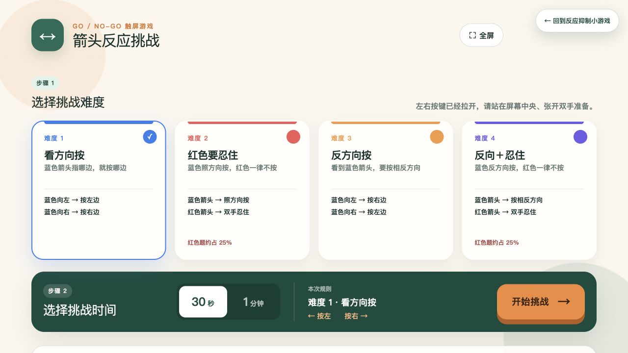 箭头反应挑战的难度选择画面
